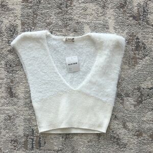 Free People Cream Fuzzy V-Neck Cropped Sweater Tank